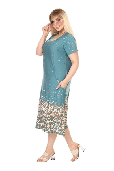 Melsay Butik Yeşil Puanlı Eteği Leopar Desen Kuplu Cepli Kısa Kol Kadın Midi Elbise - 2