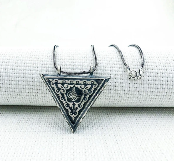 925 Ayar Gümüş Osmanlı Tuğralı Üçgen Muska Kabı Kolye - Resim 2