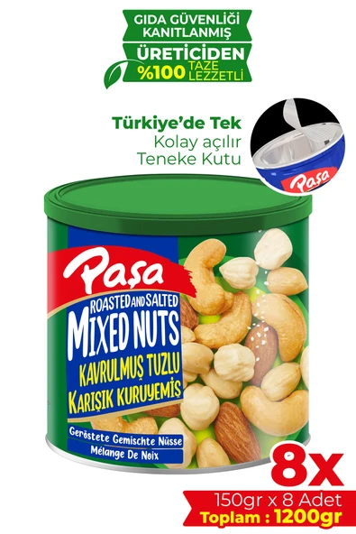 Paşa Kuruyemiş Kavrulmuş Karışık Kuruyemiş Teneke Kutu 150 gr X 8 Adet (1200 gr) - 1