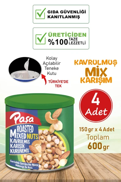 Kavrulmuş Karışık Kuruyemiş Teneke Kutu 150 gr X 4 Adet (600 gr)