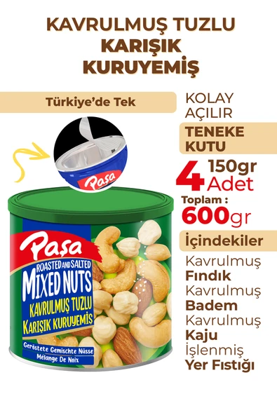 Paşa Kuruyemiş Kavrulmuş Karışık Kuruyemiş Teneke Kutu 150 gr X 4 Adet (600 gr) - 2