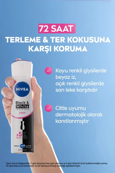 NIVEA Kadın Sprey Deodorant Black&White Invisible Clear 200ml, 72 Saat Anti-perspirant Ter Koruma, X3Adet - 6