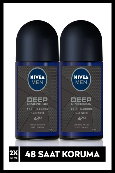 NIVEA MEN Erkek Roll-on Deodorant Deep Dimension Aktif Karbon 50ml, 72 Saat Anti-perspirant Koruma,X2 Adet