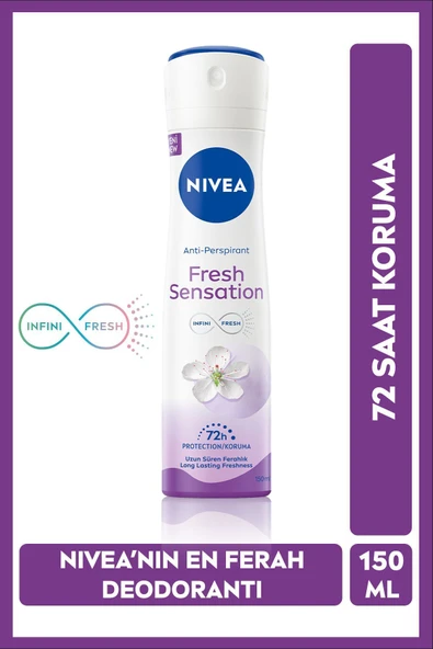 NIVEA Kadın Sprey Deodorant Fresh Sensation 150ml, 72 Saat Anti-perspirant Koruma, Uzun Süren Ferahlık