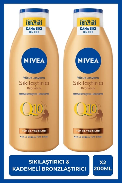 NIVEA Q10 Sıkılaştırıcı Bronzlaştırıcı Vücut Bakım Losyonu 200ml, Kademeli Bronzluk, Nemlendirici, X2 Adet