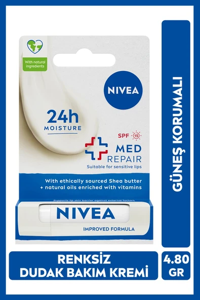 NIVEA Güneş Koruyucu Renksiz Dudak Bakım Kremi Med Repair 4,8 gr, SPF15, Nemlendirici, Çatlamış Dudaklar