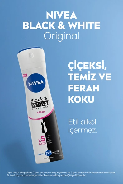 NIVEA Kadın Sprey Deodorant Black&White Invisible Clear 150ml, 72 Saat Anti-perspirant Ter Koruması - 5