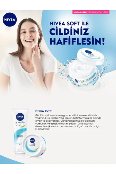 NIVEA Nemlendirici Soft Bakım Kremi , El Yüz Vücut, Besleyici, Jojoba Yağı, E Vitamini 300 + 50 ml 2 ADET - 3