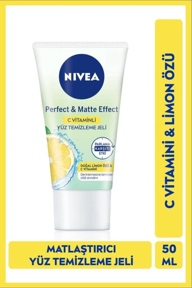 NIVEA Yüz Temizleme Jeli Perfect&matte 50ml, C Vitamini, Limon Özü, Matlaştırıcı Etki, Parlama Kontr