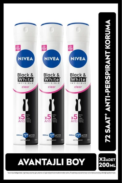 NIVEA Kadın Sprey Deodorant Black&White Invisible Clear 200ml, 72 Saat Anti-perspirant Ter Koruma, X3Adet