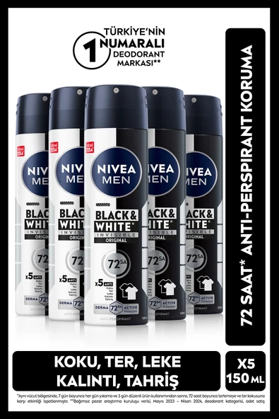 NIVEA MEN Erkek Sprey Deodorant Black & White Invisible Original 150ml, 72 Saat Anti-Perspirant, X5 Adet