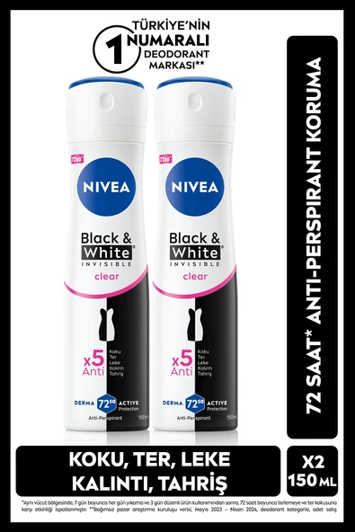 NIVEA Kadın Sprey Deodorant Black&White Invisible Clear 150ml, 72 Saat Anti-perspirant Ter Koruma, X2 Adet