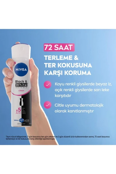 NIVEA Kadın Sprey Deodorant Black&White Invisible Clear 150ml, 72 Saat Anti-perspirant Koruma, X3 Adet - 2