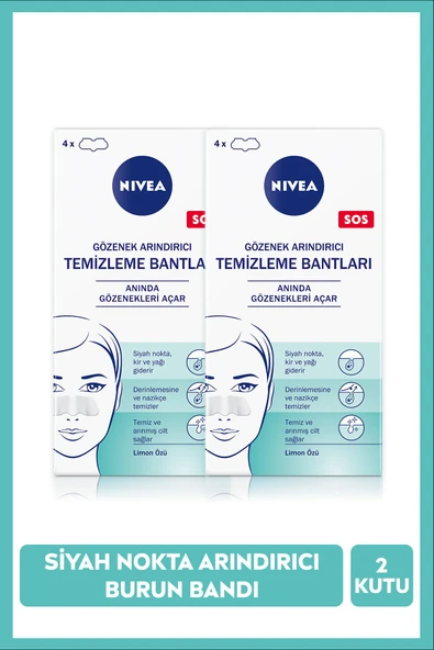 NIVEA Siyah Nokta Temizleyici Burun T-Bant, Gözenek Arındırıcı, Gözenek Açıcı, Limon Özü, X2 Paket 4 Adet