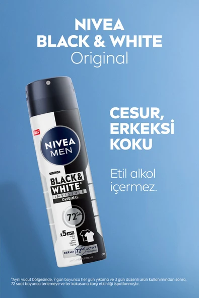 NIVEA MEN Erkek Sprey Deodorant Black & White Invisible Original 150ml, 72 Saat Anti-Perspirant, X5 Adet - 5