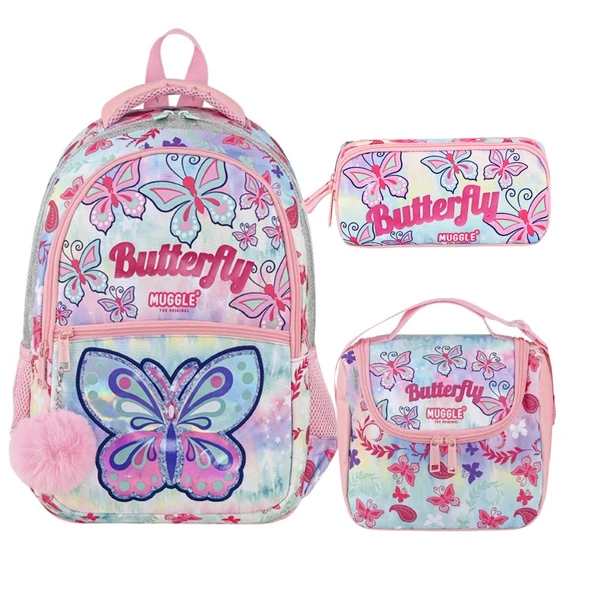Muggle 3 Bölmeli Butterfly Okul Çantası + Termoslu Beslenme Çantası + Kalemlik