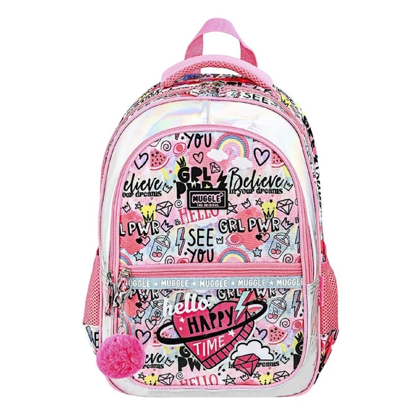 Muggle 3 Bölmeli Happy Time Okul Sırt Çantası Pembe (MU-9071)