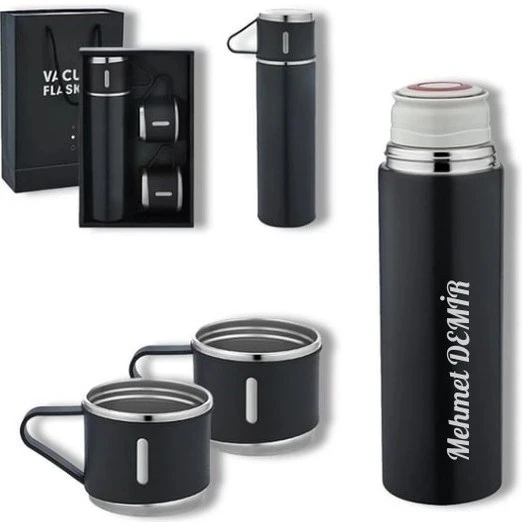 İsime Kişiye Özel Hediye 3 Bardaklı Paslanmaz Çelik Vakumlu Kahve Sıcak Soğuk Kamp Termos Seti Siyah - 2