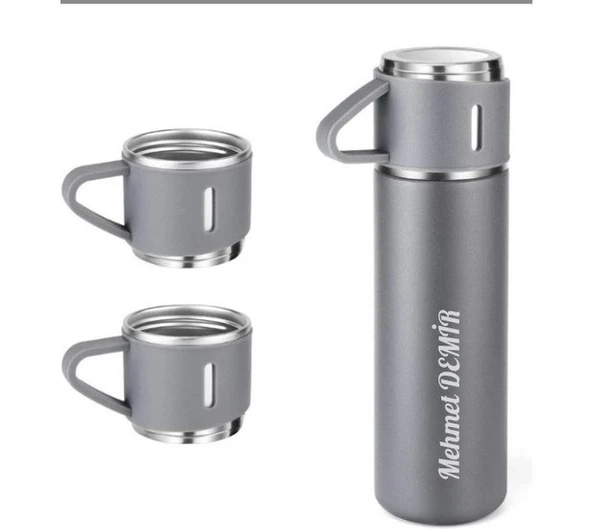 İsime Kişiye Özel Hediye 3 Bardaklı Paslanmaz Çelik Vakumlu Kahve Sıcak Soğuk Kamp Termos Seti Gri - 3