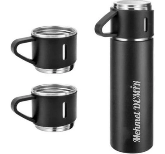İsime Kişiye Özel Hediye 3 Bardaklı Paslanmaz Çelik Vakumlu Kahve Sıcak Soğuk Kamp Termos Seti Siyah - 3