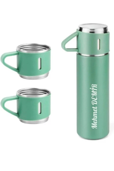 İsime Kişiye Özel Hediye 3 Bardaklı Paslanmaz Çelik Vakumlu Kahve Sıcak Soğuk Kamp Termos Seti Yeşil - 3