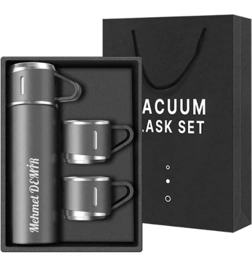 İsime Kişiye Özel Hediye 3 Bardaklı Paslanmaz Çelik Vakumlu Kahve Sıcak Soğuk Kamp Termos Seti Gri - 2