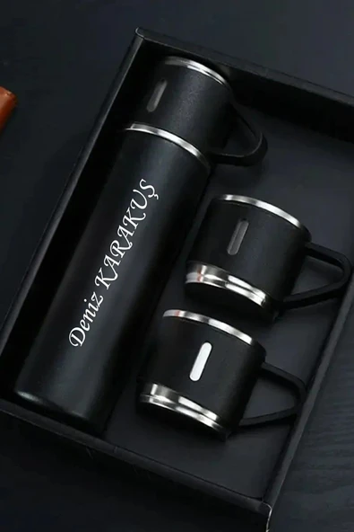 İsime Kişiye Özel Hediye 3 Bardaklı Paslanmaz Çelik Vakumlu Kahve Sıcak Soğuk Kamp Termos Seti Siyah - 4