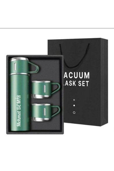İsime Kişiye Özel Hediye 3 Bardaklı Paslanmaz Çelik Vakumlu Kahve Sıcak Soğuk Kamp Termos Seti Yeşil - 2