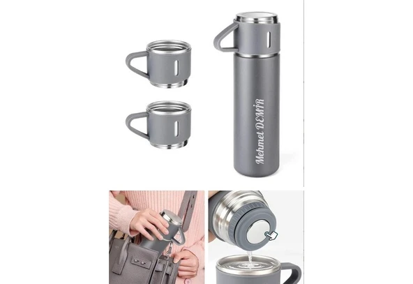 İsime Kişiye Özel Hediye 3 Bardaklı Paslanmaz Çelik Vakumlu Kahve Sıcak Soğuk Kamp Termos Seti Gri