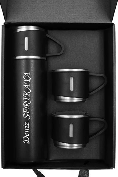İsime Kişiye Özel Hediye 3 Bardaklı Paslanmaz Çelik Vakumlu Kahve Sıcak Soğuk Kamp Termos Seti Siyah - 6