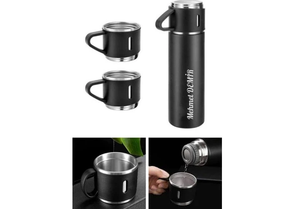İsime Kişiye Özel Hediye 3 Bardaklı Paslanmaz Çelik Vakumlu Kahve Sıcak Soğuk Kamp Termos Seti Siyah