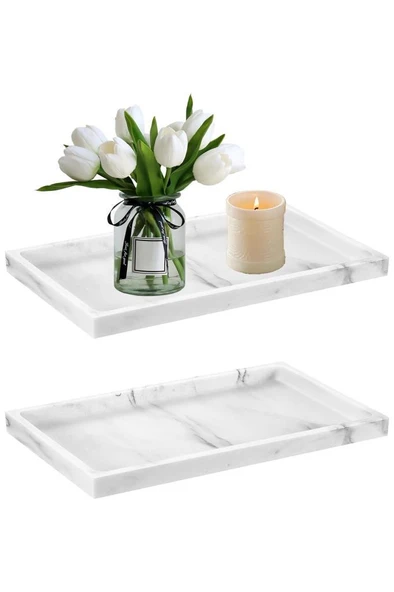 Mermer Desen Polyresin Tepsi Banyo Sunum Tepsisi - 3