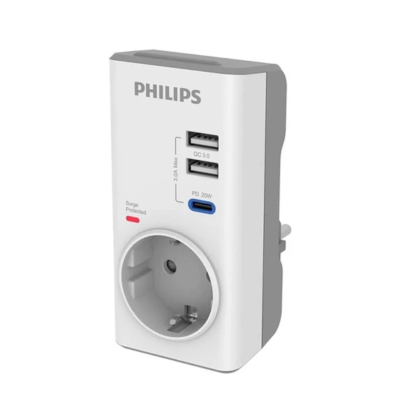 PHILIPS 1-li CHP8010W/10 380 Joules Akım Koruma Prizi Beyaz USB,TYPE-C