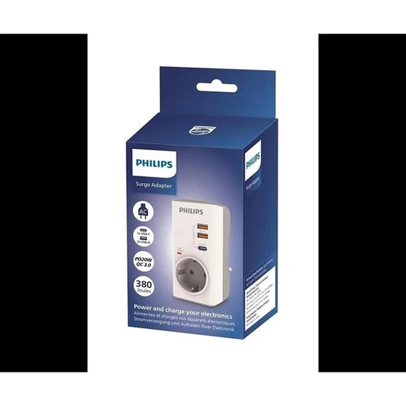 PHILIPS 1-li CHP8010W/10 380 Joules Akım Koruma Prizi Beyaz USB,TYPE-C - 2