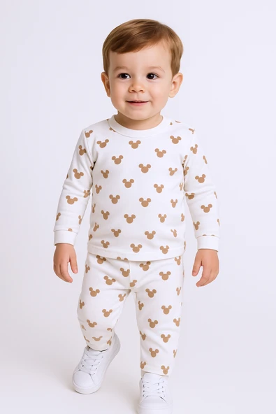 BEBEK PAMUK PİJAMA TAKIMI RENKLİ BASKILI BİSİKLET YAKA A2