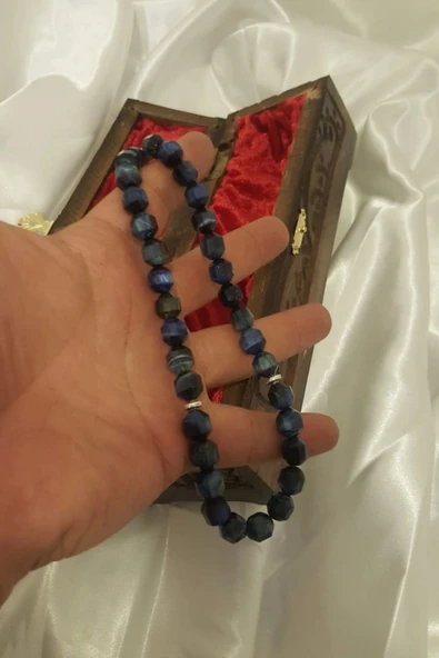 Akik Tesbih Tespih Akik Doğal Taş Tesbih Gümüş İmameli Ahşap Kutulu 10 mm Kesme Akik - 6