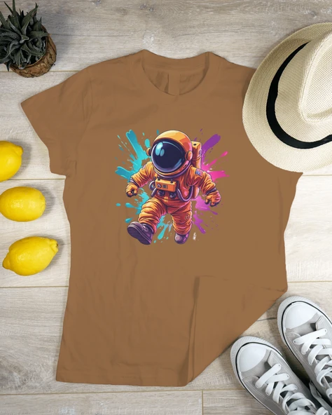 Astronot Desenli Renkli Splash Oversize Tişört  Bej, Siyah, Beyaz & Lacivert