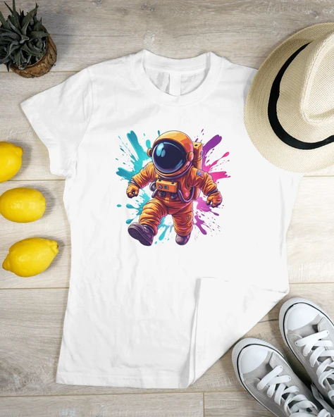 Astronot Desenli Renkli Splash Oversize Tişört  Bej, Siyah, Beyaz & Lacivert - 3