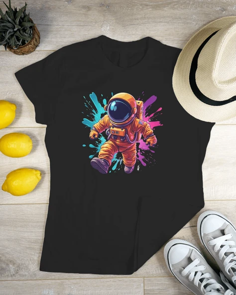 Astronot Desenli Renkli Splash Oversize Tişört  Bej, Siyah, Beyaz & Lacivert - 2