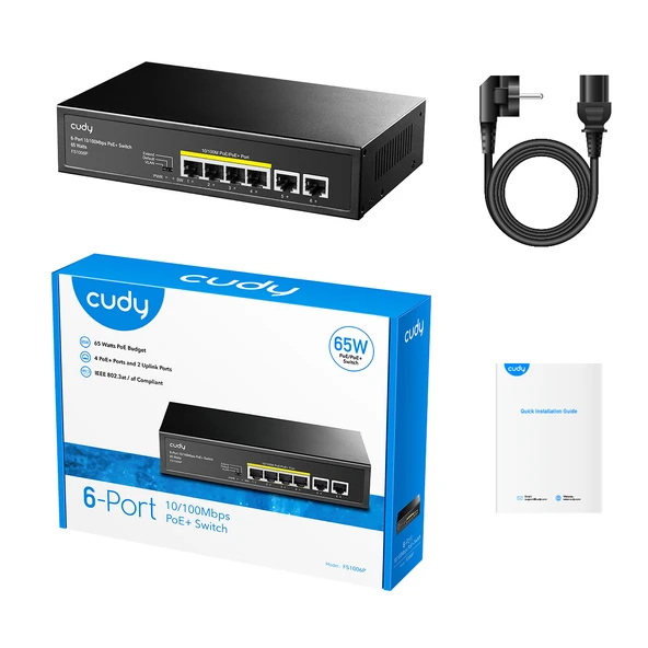 Cudy FS1006P 4 Port 10/100Mbps 2FE Uplink VLAN&Extend Mode 250m 60W POE+ Ethernet Switch - 4
