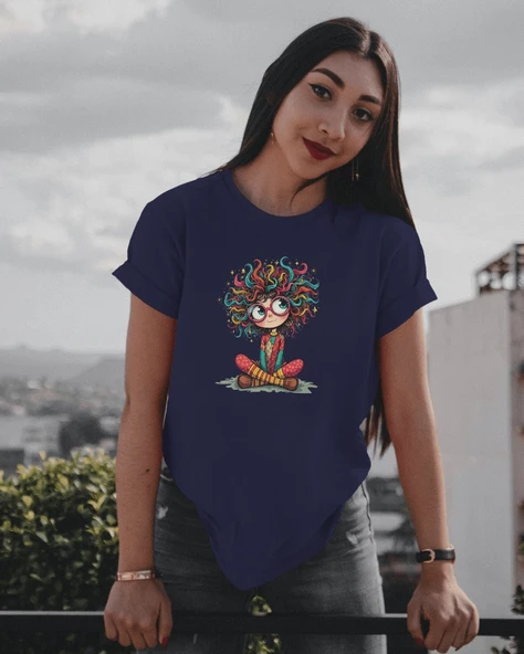 Rengarenk Kız Karakter Baskılı Kadın Tişört - 7