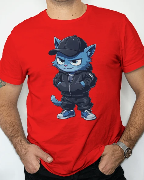 Street Style Cool Kedi Baskılı Oversize Erkek Tişört  Siyah, Beyaz, Kırmızı, Gri - 4