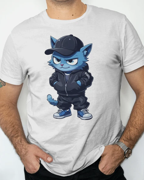 Street Style Cool Kedi Baskılı Oversize Erkek Tişört  Siyah, Beyaz, Kırmızı, Gri