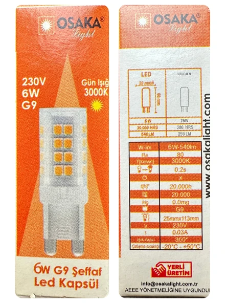 (3 Adet) Osaka 6W 3000K (Sarı Işık) G9 Duylu Led Kapsül Ampul - 4