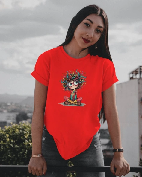 Rengarenk Kız Karakter Baskılı Kadın Tişört - 6