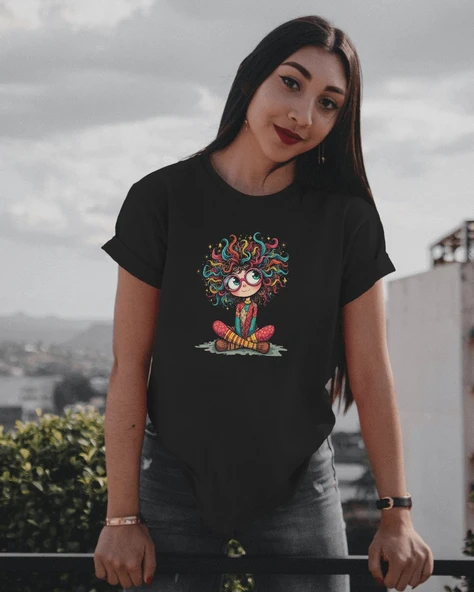 Rengarenk Kız Karakter Baskılı Kadın Tişört - 3