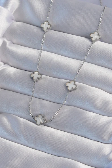 316L Çelik Gümüş Renk Minimal Beyaz Sedefli Yonca Kolye - TJ-BKO9001 ürün görseli 1