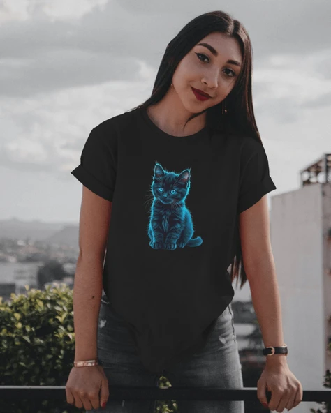 Kadın Tişört   Neon Mavi Kedi Baskılı, Pamuk Kumaş