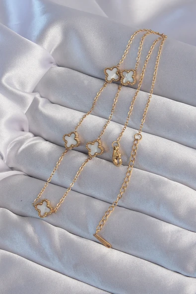 316L Çelik Gold Renk Minimal Beyaz Sedefli Yonca Kolye - TJ-BKO9002 - Resim 2