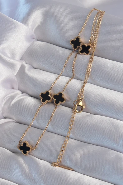 316L Çelik Gold Renk Minimal Siyah Mineli Yonca Kolye - TJ-BKO9004 - Resim 2